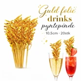 Guld folie drinks pyntepinde 10,5 cm vist i drinks og samlet som produktbillede på hvid baggrund